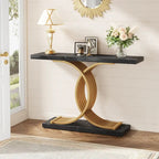 Table console moderne noire/dorée avec plateau en faux marbre, table d'entrée en bois de 99 cm avec pieds métalliques géométriques