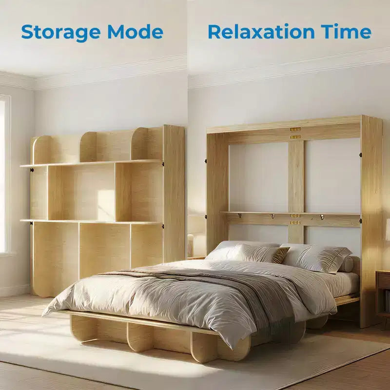 Lit escamotable 2-en-1 invisible Murphy avec étagères de rangement, Grand lit (Queen), Bois naturel (Matelas non inclus)