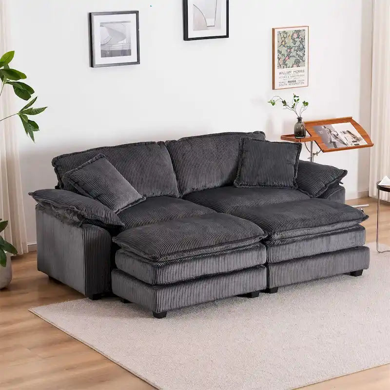 Canapé 2 places moderne en velours côtelé avec 4 coussins de soutien et 2 poufs