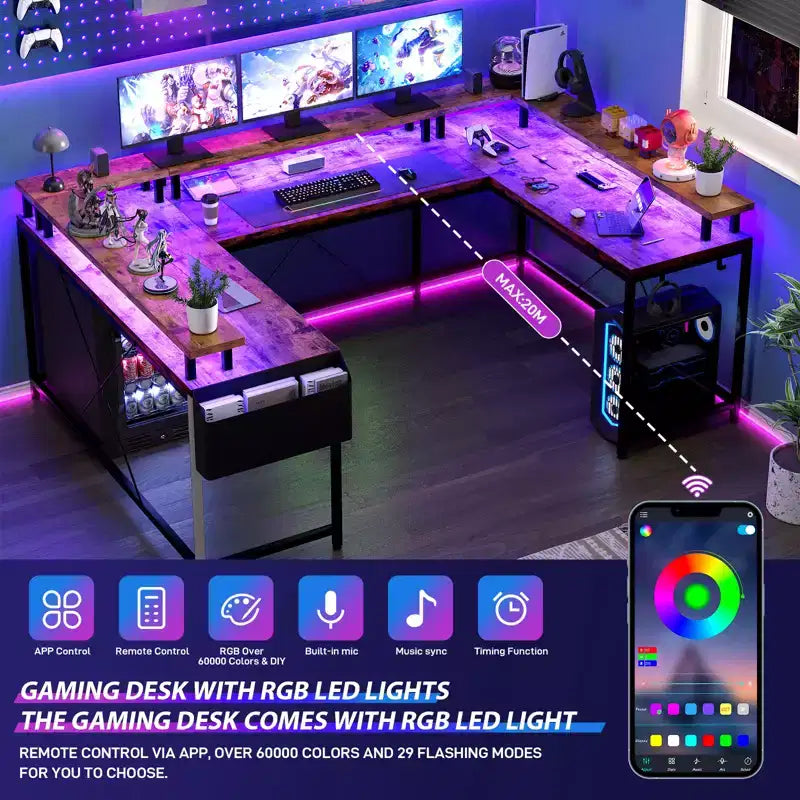 Grand bureau d'angle en U avec prises électriques, lumières LED, support d'écran et rangements pour bureau à domicile et usage professionnel