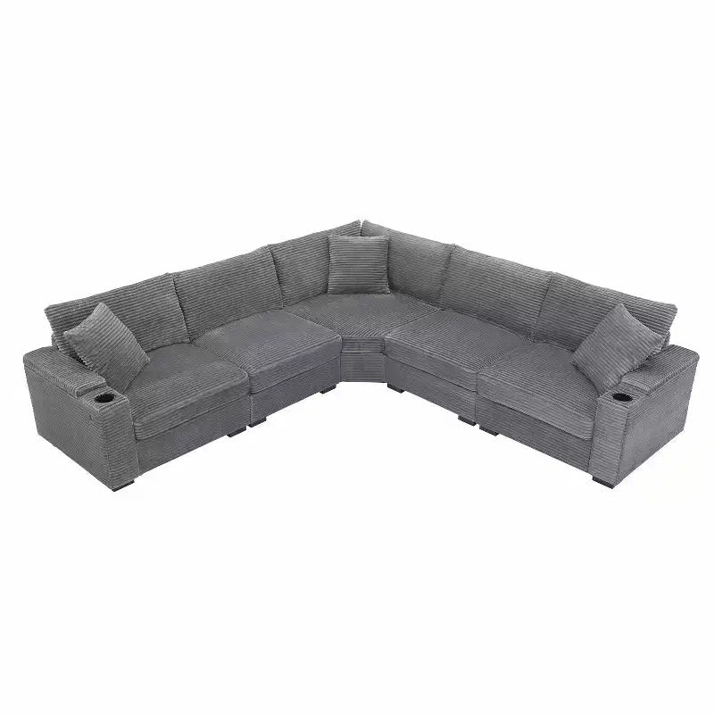 Canapé d'angle modulable en velours côtelé 106 avec accoudoir, rangement, porte-gobelets, chargeur USB et canapé modulaire surdimensionné confortable