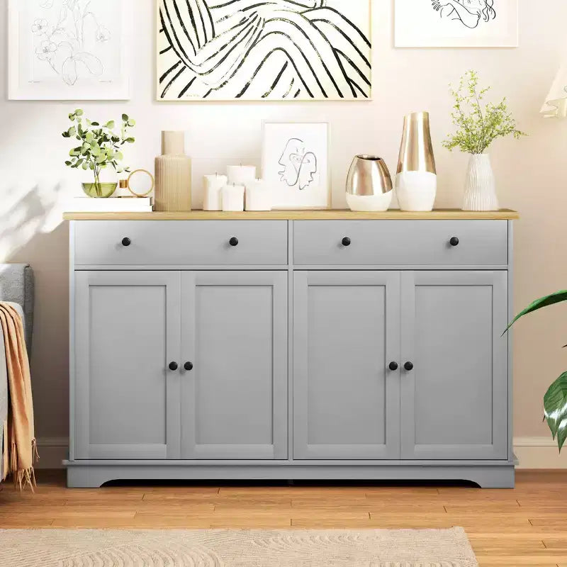 Buffet bas HOMCOM avec rangements, Meuble de cuisine moderne avec 4 portes, 2 tiroirs et 2 étagères réglables, Meuble de bar à café