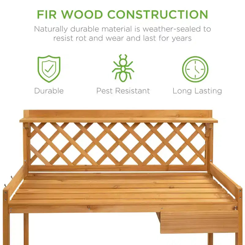 Table de rempotage de jardin en bois d'extérieur Best Choice Products, plan de travail avec tiroir de rangement et étagère ouverte