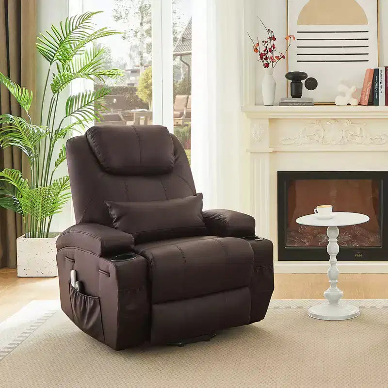 Fauteuil inclinable électrique avec fonction releveur, massage et chauffage Bestier 34,6 po, fauteuil inclinable en similicuir avec poches latérales et porte-gobelets