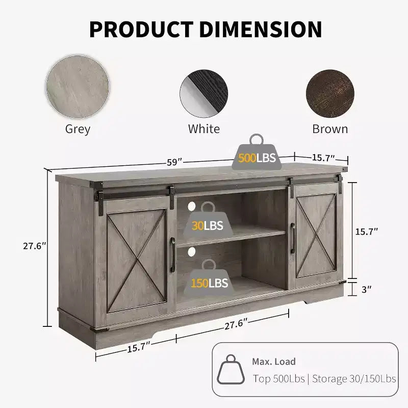 Meuble TV de style ferme pour téléviseurs jusqu'à 65 pouces, meuble de divertissement avec portes coulissantes de grange et armoires de rangement, console multimédia pour salon, chambre à coucher