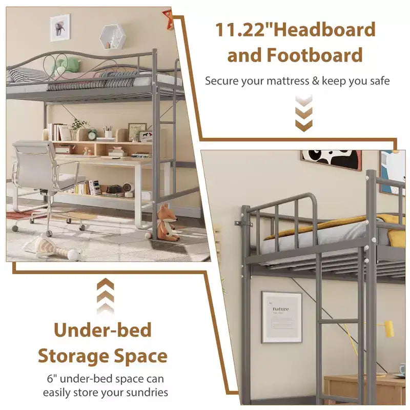Lit mezzanine double avec échelle amovible et garde-corps de sécurité intégral, lit mezzanine double avec cadre en métal robuste d'une capacité de 180 kg, gain de place.