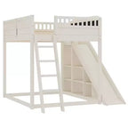 Lit mezzanine Bellemave avec tête de lit rembourrée et étagères de rangement, cadre de lit mezzanine en bois massif avec échelle et toboggan pour enfants