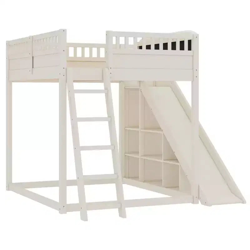 Lit mezzanine Bellemave avec tête de lit rembourrée et étagères de rangement, cadre de lit mezzanine en bois massif avec échelle et toboggan pour enfants