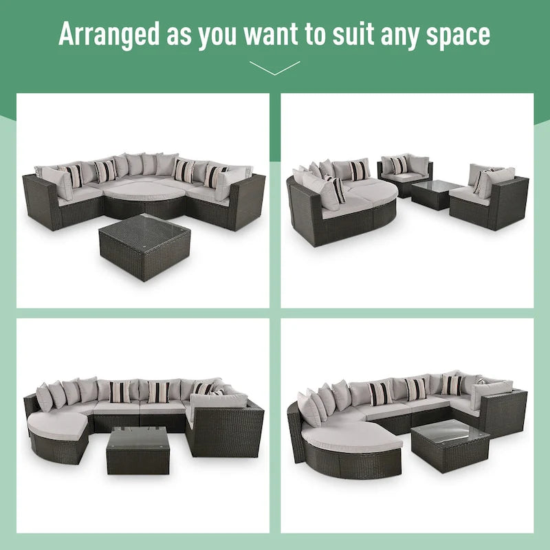 Ensemble de canapé d'extérieur moderne en osier 7 pièces avec table basse, coussins et oreillers rayés, idéal pour le patio, le jardin, la terrasse
