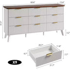 Commode cannelée à 9 tiroirs, 154 cm de large, en bois, avec rangement profond, pour chambre à coucher, salon ou couloir