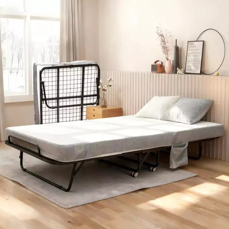 Lit pliant avec matelas pour adultes, lits d'appoint portables, lit pliant avec cadre en métal, matelas en mousse à mémoire de forme 5 et poche de rangement latérale