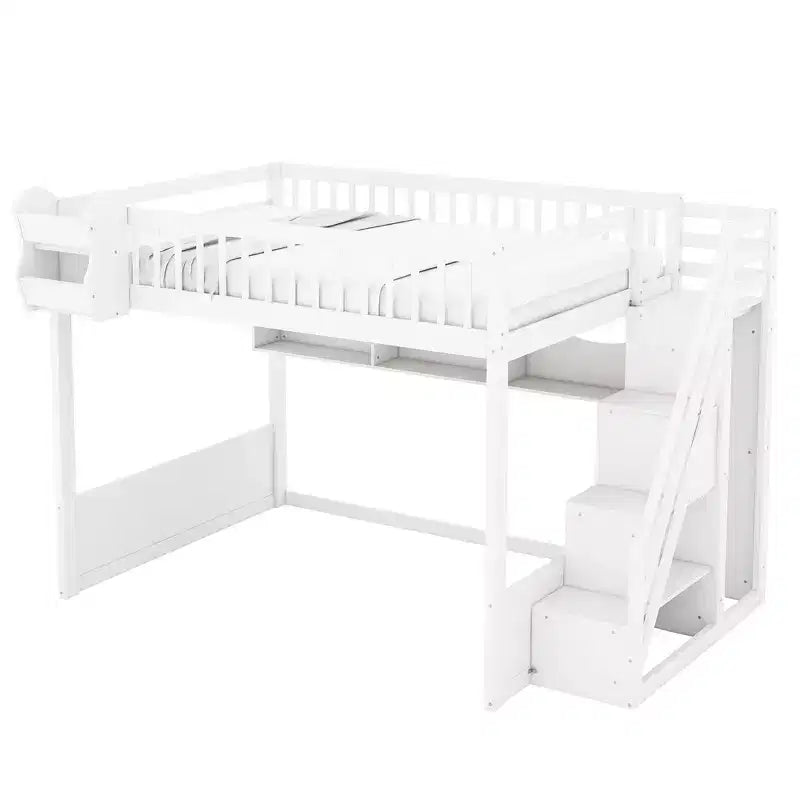 Lit mezzanine double avec escalier, armoire et étagères de rangement – MDF, 295 kg