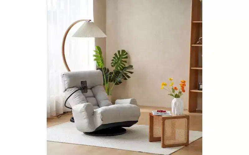 Chaise de jeu au sol, fauteuil de sol pivotant avec accoudoirs et support de téléphone, fauteuil de jeu inclinable pliant réglable sur 5 positions