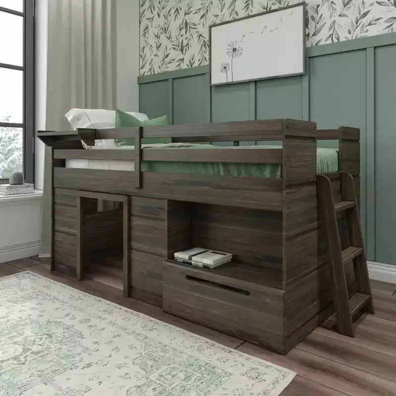 Lit mezzanine bas Max & Lily Modern Farmhouse avec tiroir de rangement, lit en bois massif pour enfants