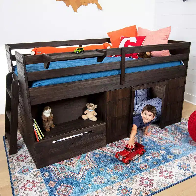 Lit mezzanine bas Max & Lily Modern Farmhouse avec tiroir de rangement, lit en bois massif pour enfants