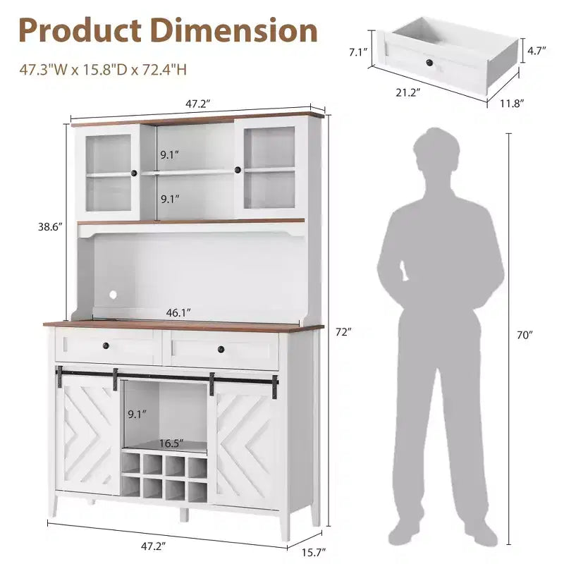 Meuble de bar de ferme 72 po avec porte coulissante de style grange Grand buffet de cuisine avec huche, station de recharge, 2 tiroirs et 8 étagères de rangement Café
