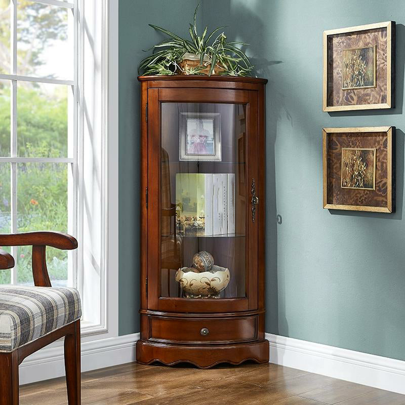 Meuble d'angle classique en bois d'hévéa marron avec porte vitrée