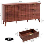 Commode cannelée à 9 tiroirs, 154 cm de large, en bois, avec rangement profond, pour chambre à coucher, salon ou couloir