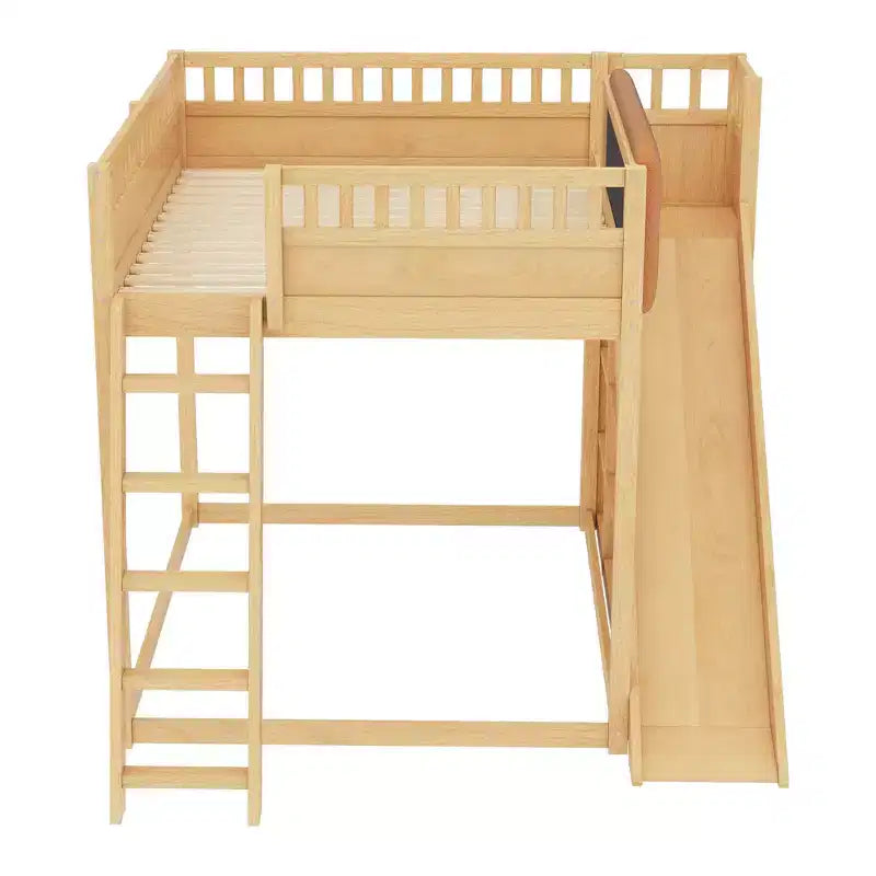 Lit mezzanine Bellemave avec tête de lit rembourrée et étagères de rangement, cadre de lit mezzanine en bois massif avec échelle et toboggan pour enfants
