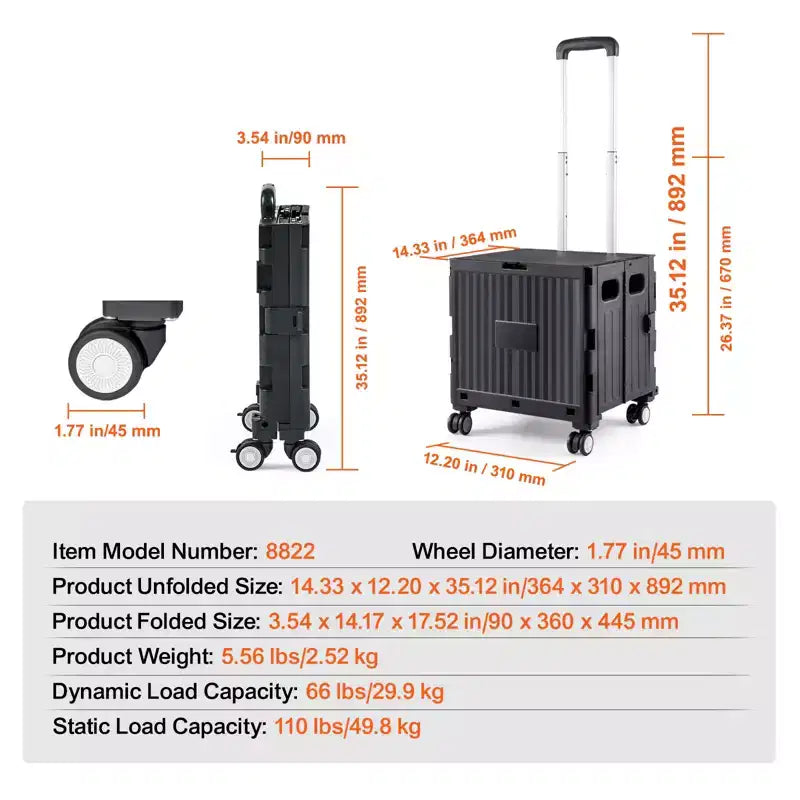 Chariot utilitaire pliable, capacité de charge de 110 lb, caisse roulante portable pliable avec poignée télescopique robuste et 4 roues pivotantes