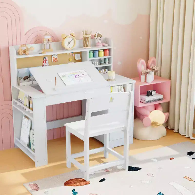 Bureau et chaise d'étude pour enfants avec rangement, bureau d'étude pour enfants avec étagère et plateau inclinable, table en bois pour enfants avec meuble de rangement pour les 3-8 ans