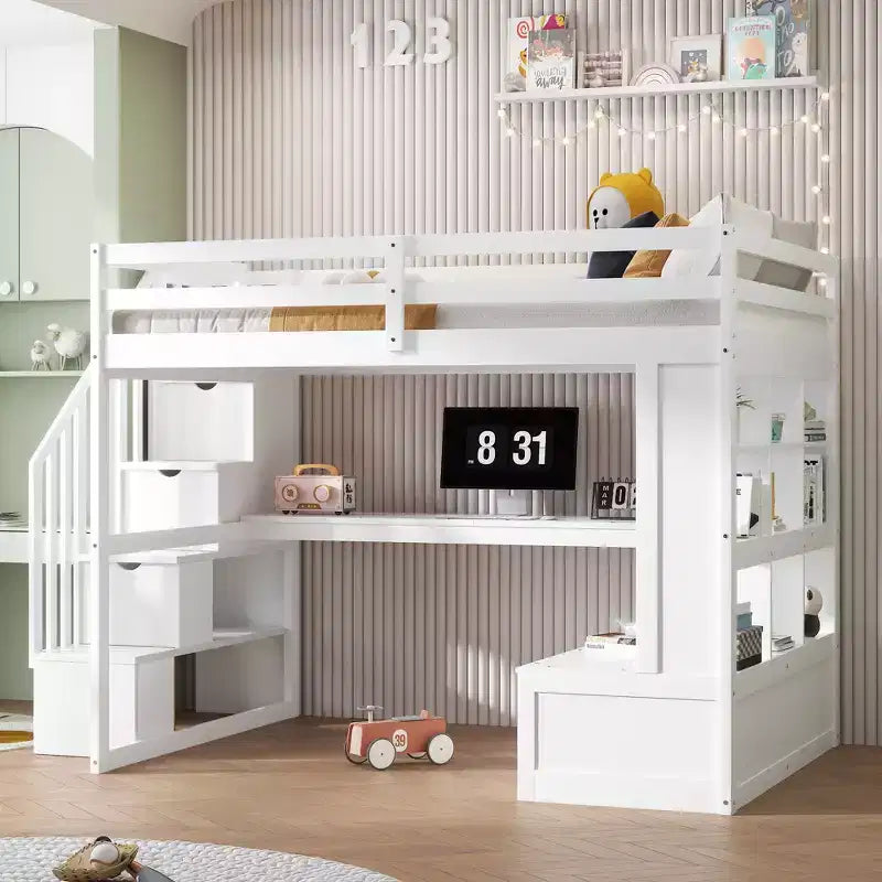 Lit mezzanine pleine grandeur avec escalier et bureau, cadre de lits mezzanine en bois avec tiroirs de rangement et étagères pour adultes, adolescents et enfants