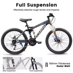 VTT Okak 24 pouces en acier au carbone avec suspension intégrale, vélo homme avec leviers de vitesses 21 vitesses et freins à disque, vélo pour enfants et adultes