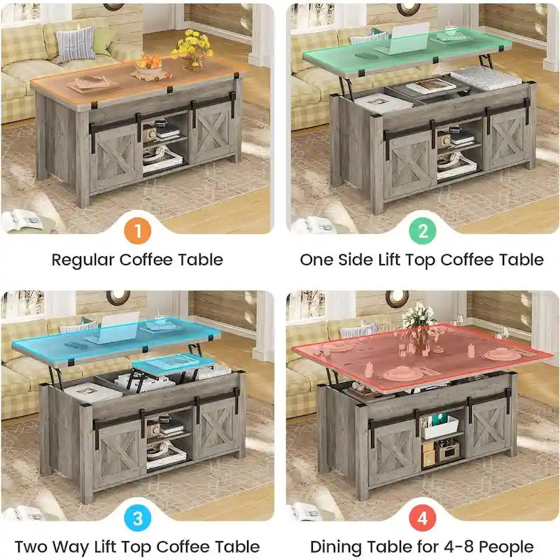 Table basse relevable 2 portes coulissantes style grange Table à manger avec rangement