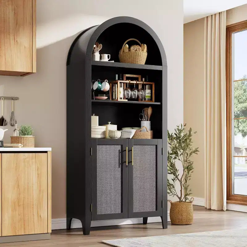 Acekool Armoire de cuisine bombée avec portes en rotin, meuble de rangement de ferme à 5 niveaux pour cuisine, salle à manger, salon