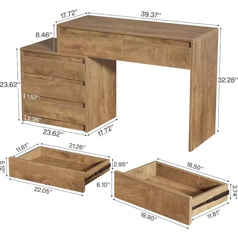 Bureau informatique Lantine avec 5 tiroirs, bureau de direction en bois avec meuble de classement et support pour imprimante pour bureau à domicile, petits espaces