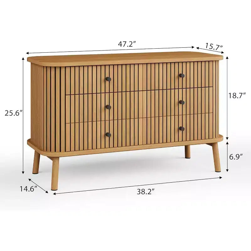 Commode, commode horizontale à 6 tiroirs avec poignées noires et pieds en bois, aspect bois naturel
