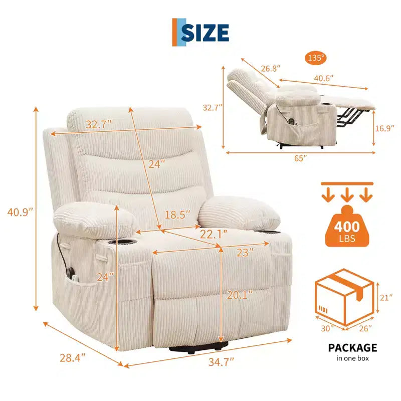 Fauteuil inclinable releveur avec massage et chauffage, fauteuils inclinables électriques surdimensionnés, siège de cinéma maison avec 2 porte-gobelets latéraux, fauteuil simple inclinable à bascule