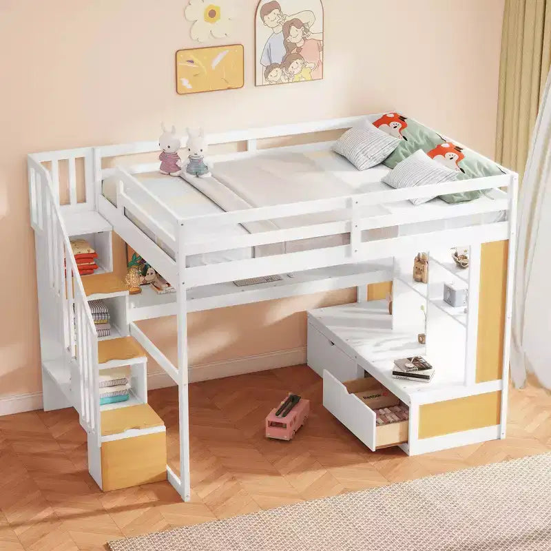Lit mezzanine pleine grandeur avec escalier et bureau, cadre de lits mezzanine en bois avec tiroirs de rangement et étagères pour adultes, adolescents et enfants