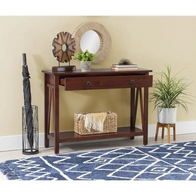 Console en bois marron tabac antique avec tiroir et étagère ouverte