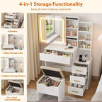 Coiffeuse moderne DobleePy avec miroir coulissant et lumières LED, 4 tiroirs, 7 étagères, station de recharge et tabouret, table de maquillage pour chambre à coucher