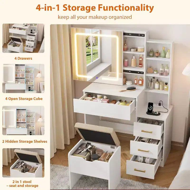Coiffeuse moderne DobleePy avec miroir coulissant et lumières LED, 4 tiroirs, 7 étagères, station de recharge et tabouret, table de maquillage pour chambre à coucher