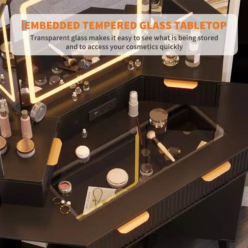 Coiffeuse d'angle 47 po avec miroir et lumière, table de maquillage en bois avec plateau en verre et station de charge, coiffeuse pour chambre à coucher