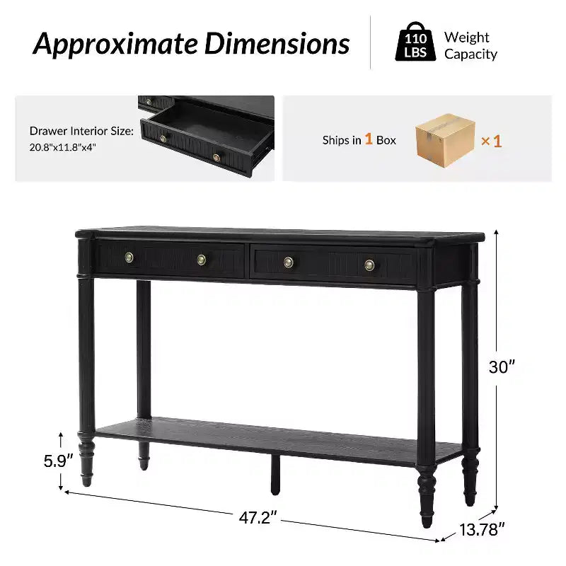 Console 47,2" en noyer avec 2 tiroirs cannelés et étagère inférieure