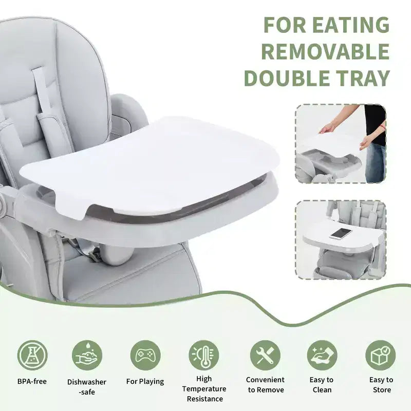 Chaise haute pliable pour bébés et tout-petits, chaise haute en cuir PU avec dossier réglable, hauteur d'assise, plateau amovible, harnais de sécurité 5 points et roues verrouillables