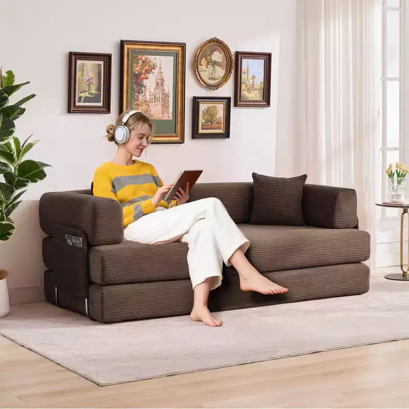 Canapé futon moderne en velours côtelé de 79 po pour petits espaces, canapé-lit convertible 5 en 1 avec accoudoirs et oreillers amovibles