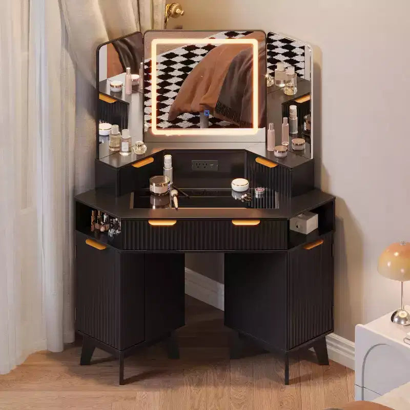 Coiffeuse d'angle 47 po avec miroir et lumière, table de maquillage en bois avec plateau en verre et station de charge, coiffeuse pour chambre à coucher