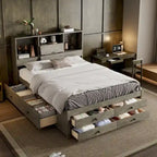 Lit moderne queen size gris en bois avec tête de lit de rangement et 8 tiroirs