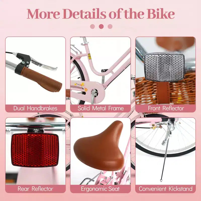 Vélo de ville Gymax Beach Cruiser 24 pouces avec selle réglable, panier tressé et porte-bagages arrière