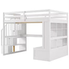 Lit mezzanine pleine grandeur avec escalier et bureau, cadre de lits mezzanine en bois avec tiroirs de rangement et étagères pour adultes, adolescents et enfants