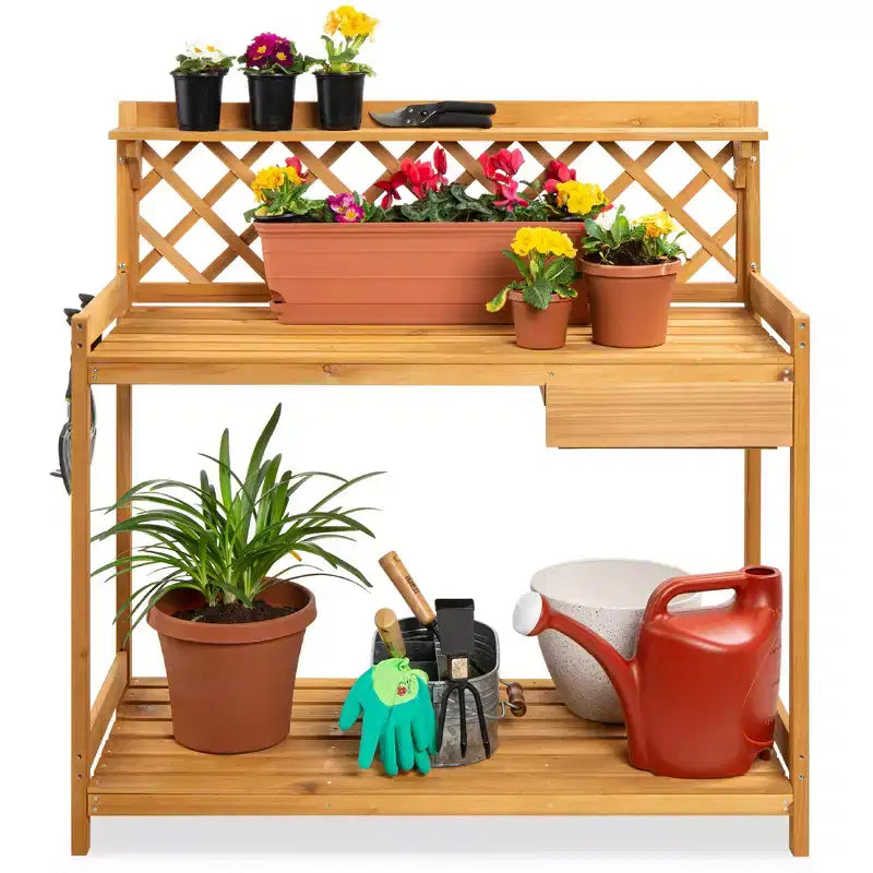 Table de rempotage de jardin en bois d'extérieur Best Choice Products, plan de travail avec tiroir de rangement et étagère ouverte