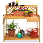 Table de rempotage de jardin en bois d'extérieur Best Choice Products, plan de travail avec tiroir de rangement et étagère ouverte
