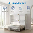 Lit escamotable 2-en-1 invisible Murphy avec étagères de rangement, Grand lit (Queen), Bois naturel (Matelas non inclus)
